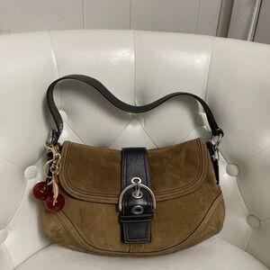 Suede Shoulder Bag with Dark Brown Strap and Buckle